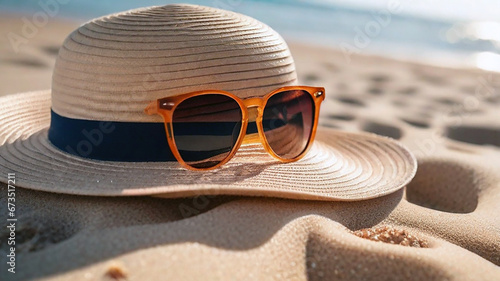 Beautiful beach with glasses and hat on the beach