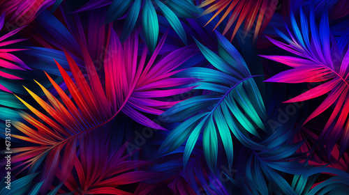 Creative fluorescent color layout made of tropical leaves. Flat-lay neon colors. Nature concept. Minimal summer abstract jungle or forest pattern.