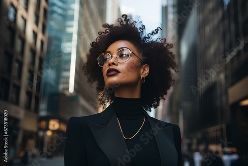A contemporary black businesswoman. her poise and elegance harmonizing with the dynamic cityscape. generative AI