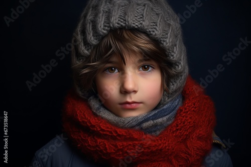 Portrait of a cute little boy in winter hat and scarf.