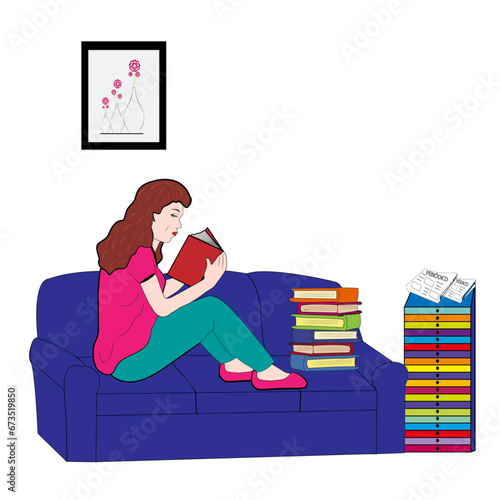 Mujer sentada en el sofá leyendo un libro.