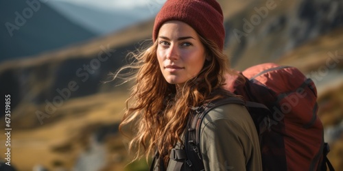 Portrait of a hiking young woman with a backpack in the mountains