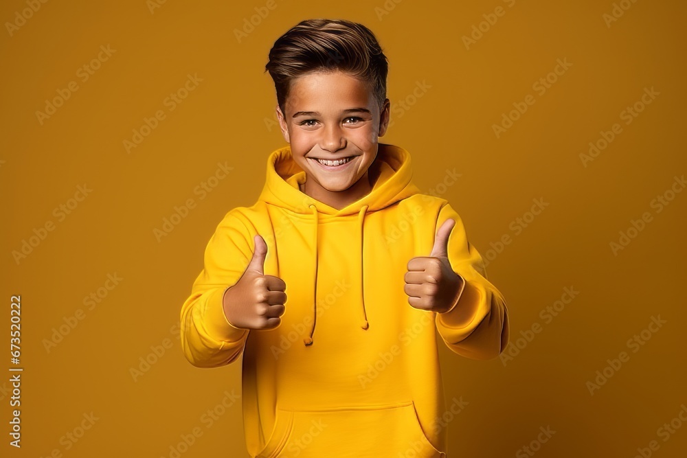 Portrait of a boy in a yellow hoodie showing thumbs up Portrait of a boy in a yellow hoodie showing thumbs up
