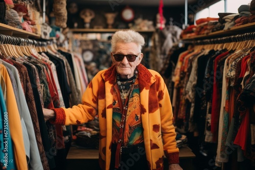 Elderly man in a yellow jacket and sunglasses in a clothing store
