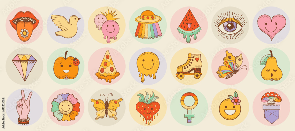 Hippie stickers. Groovy icons with peace sign, flower, mushroom, smile, ufo. Retro boho 70s clipart. Doodle emoji graphic. Hippy element. Funky logo, tattoo, music cute psychedelic vector. Groovy art
