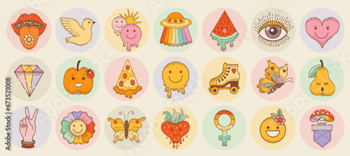 Hippie stickers. Groovy icons with peace sign, flower, mushroom, smile, ufo. Retro boho 70s clipart. Doodle emoji graphic. Hippy element. Funky logo, tattoo, music cute psychedelic vector. Groovy art