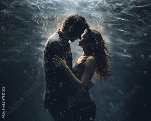 Young couple in love hugging and kissing under the water. Valentines Day concept. Romantic scene.