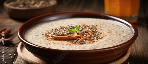 A delicious serving of buckwheat porridge placed on top of the table
