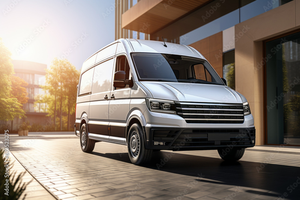 Modern delivery and retail service van. Transport logistics concept. Background with selective focus and copy space Modern delivery and retail service van. Transport logistics concept. Background with selective focus and copy space