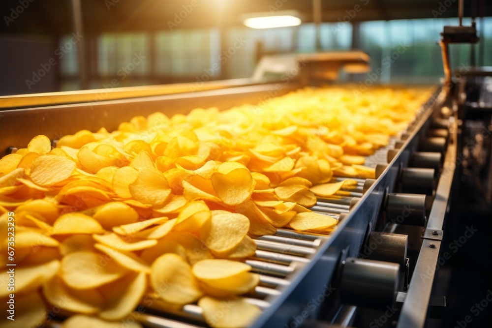 Chips factory. Production conveyor line. Background with selective focus and copy space Chips factory. Production conveyor line. Background with selective focus and copy space