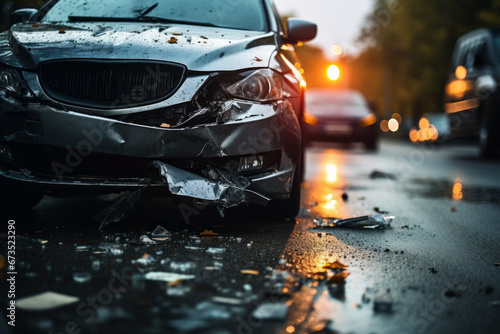 Broken car in an accident. Crash on the road. Background with selective focus and copy space