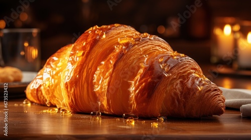 Freshly baked croissant, showcasing golden layers, shiny in the rays of morning sun light photo