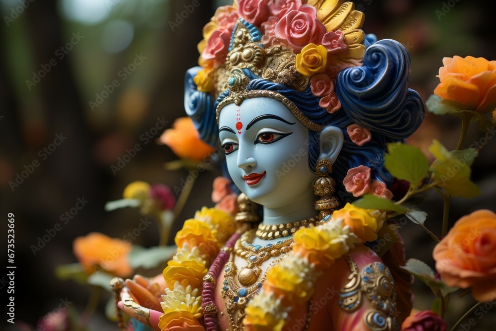 Krishna in figurine style. Religious concept with selective focus and copy space