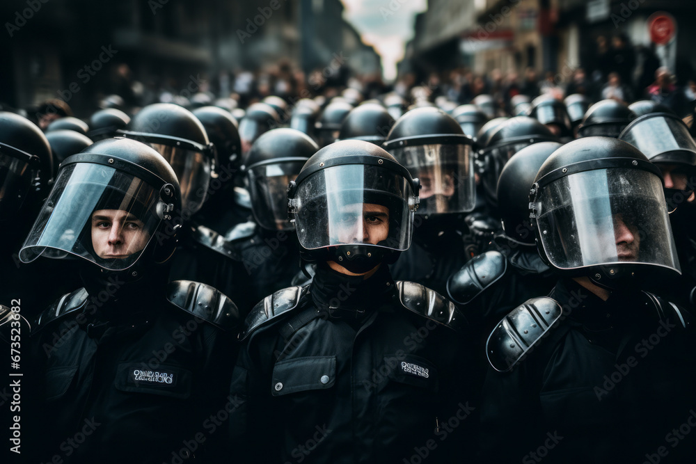 Police confronting angry crowds. Protesters behaving violently, fighting, damaging buildings and vehicles. Angry mob protesting on the street. People participating in street riot. Police confronting angry crowds. Protesters behaving violently, fighting, damaging buildings and vehicles. Angry mob protesting on the street. People participating in street riot.
