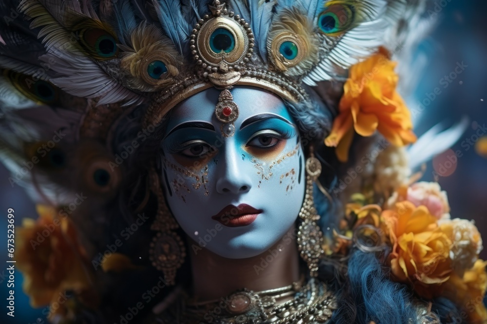 Krishna in Asian style. Religious concept with selective focus and copy space Krishna in Asian style. Religious concept with selective focus and copy space
