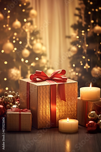 Holiday-themed still life with candles, Christmas decorations, and gifts, cozy intimacy feeling - Generative AI © chris3d