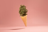 Cannabis buds in a food cone. Creative food concept. On a pastel background