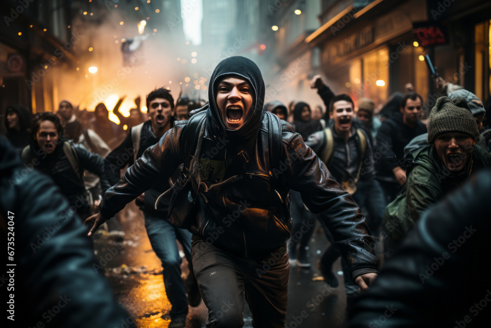 Protesters behaving violently, fighting, damaging buildings and vehicles. Angry mob protesting on the street. People participating in street riot. Police confronting crowds. - obrazy, fototapety, plakaty 