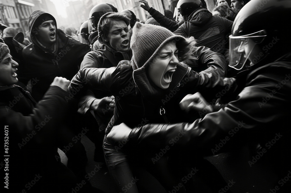 Protesters behaving violently, fighting, damaging buildings and vehicles. Angry mob protesting on the street. People participating in street riot. Police confronting crowds. - obrazy, fototapety, plakaty 
