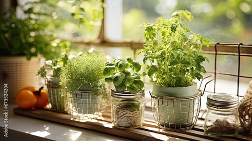 Kitchen garden, herbs on windowsill in pots