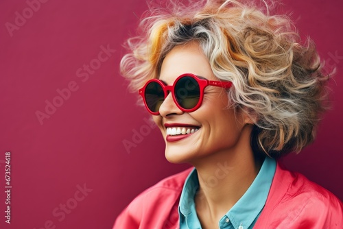 Close up portrait of a beautiful smiling woman in red sunglasses on pink background