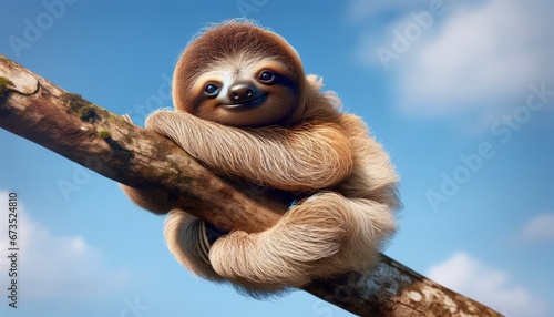 happy sloth sleeping on a branch with teh blue sky in the background photo