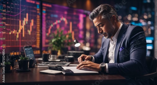 businessman engrossed in his work in a modern office. He is sitting at his desk with a large screen showing financial data in the background. The image sums up the essence of a dynamic corporation. photo