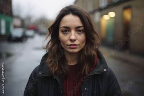 Portrait of a beautiful young woman with long brown hair in the city