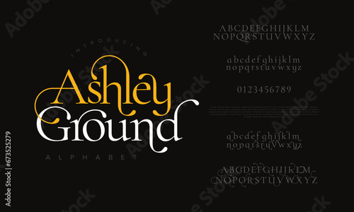 Ashleyground premium luxury elegant alphabet letters and numbers. Elegant wedding typography classic serif font decorative vintage retro. Creative vector illustration
