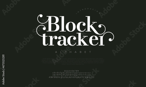 Blockbracker premium luxury elegant alphabet letters and numbers. Elegant wedding typography classic serif font decorative vintage retro. Creative vector illustration
