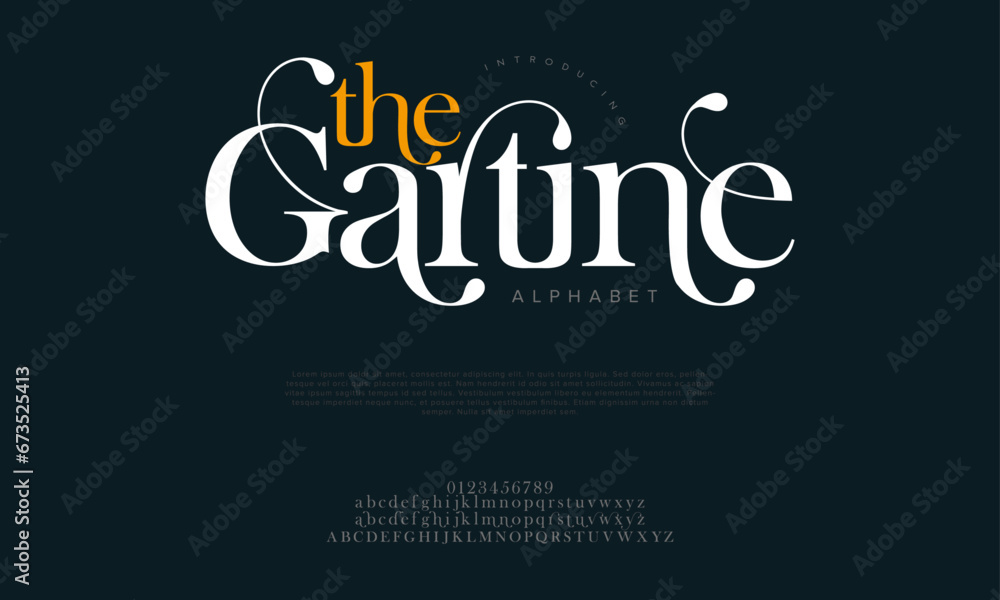 Thegartine premium luxury elegant alphabet letters and numbers. Elegant wedding typography classic serif font decorative vintage retro. Creative vector illustration Thegartine premium luxury elegant alphabet letters and numbers. Elegant wedding typography classic serif font decorative vintage retro. Creative vector illustration