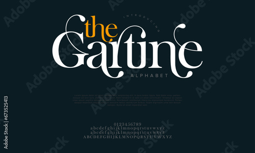 Thegartine premium luxury elegant alphabet letters and numbers. Elegant wedding typography classic serif font decorative vintage retro. Creative vector illustration