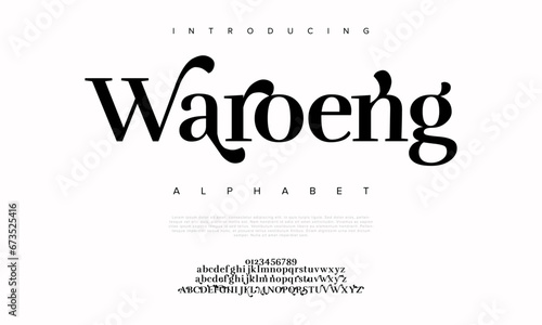 Waroeng premium luxury elegant alphabet letters and numbers. Elegant wedding typography classic serif font decorative vintage retro. Creative vector illustration