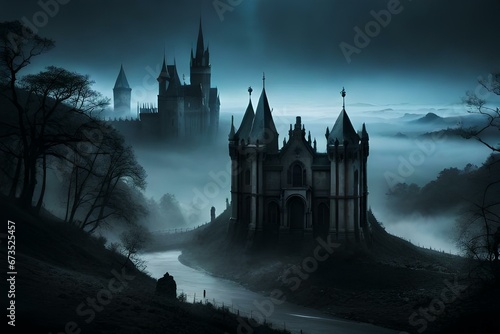 A moonlit night with a spooky castle nestled in the heart of a dense fog - AI Generative