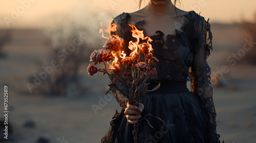 depressed gothic girl with burning flowers, standing in minimal surreal valley, anti valentine, abstract photo