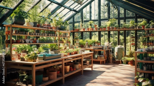 Greenhouse interior with a variety of plant, gardening cultivation photo