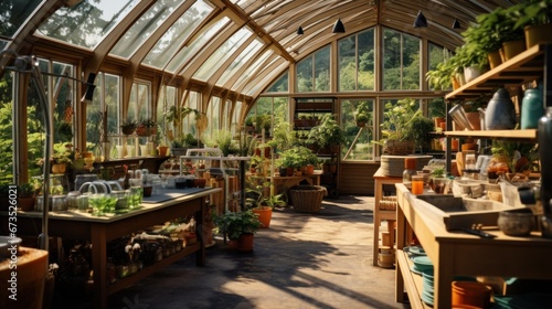 Greenhouse interior with a variety of plant  gardening cultivation