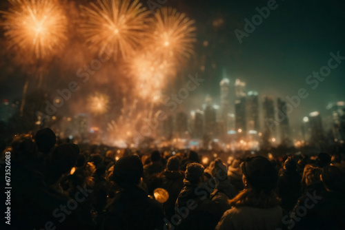 Crowd watching fireworks light up the night sky over a cityscape, creating a festive and hazy atmosphere.