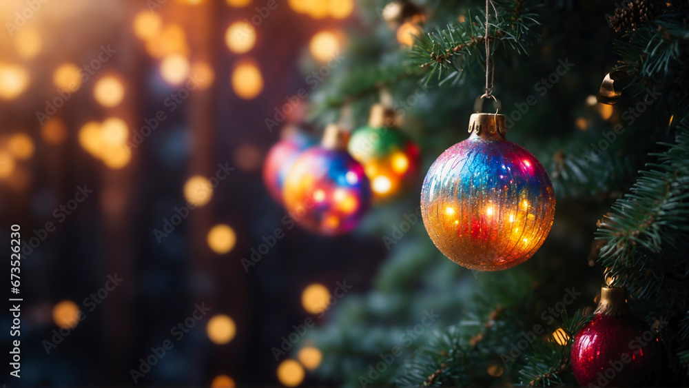 Close-up of colorful Christmas baubles on a tree with festive lights in the background.