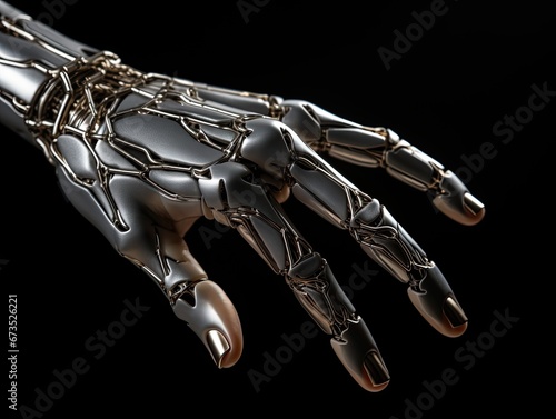 AI-generated closeup illustration of a robot's outstretched hand. MidJourney.
