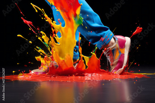 Colorful composition of male legs in sneakers jumping into paint and splashing.
