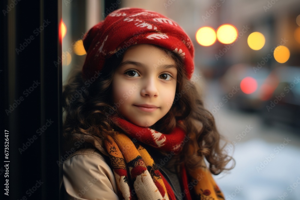 Portrait of a cute little girl in a red hat and scarf. Portrait of a cute little girl in a red hat and scarf.