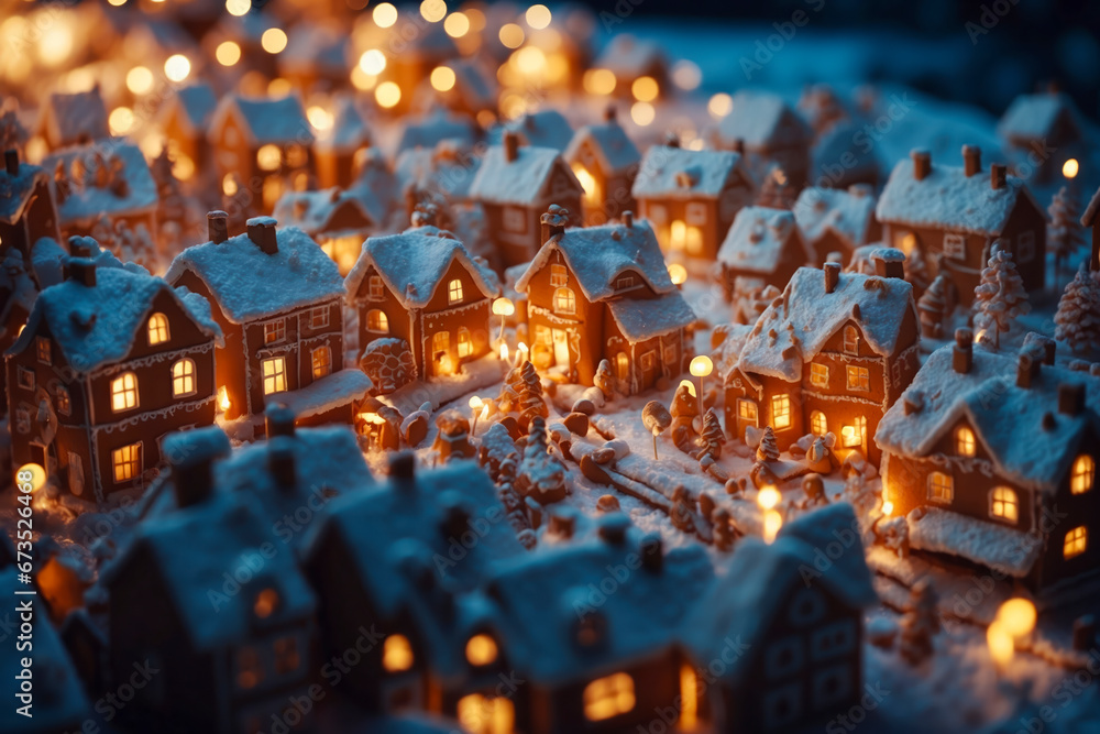 Miniature snowy village with illuminated houses and streetlights at ...