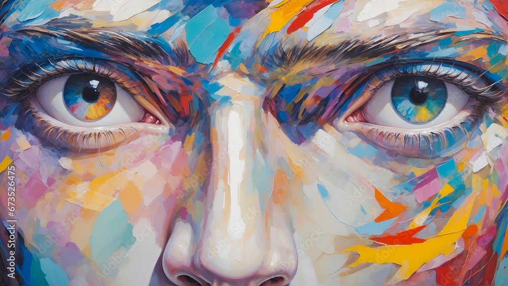 Close-up of a colorful, abstract painting of human eyes with vivid brush strokes.