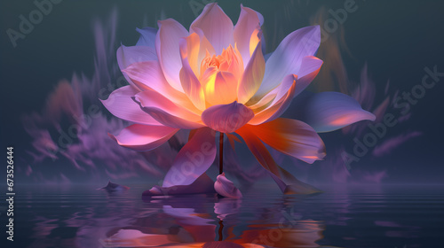A beautiful neon flower with a reflection in the water.