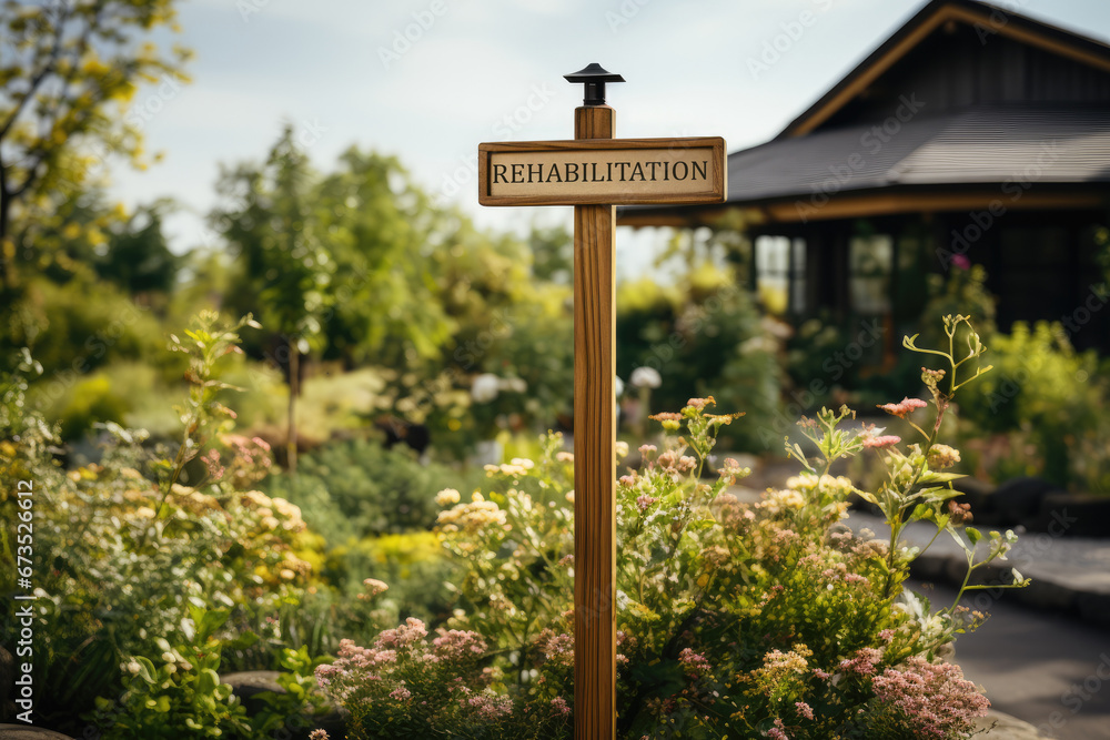 A rehabilitation center signpost, signifying the path to recovery and healing. Generative Ai.