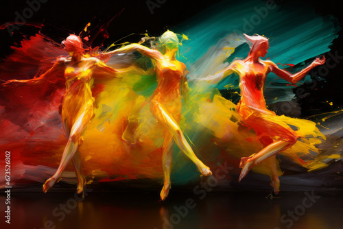 Three female figures made of colorful paint dance in waves of color. Abstract, dynamic, dance, music, art.