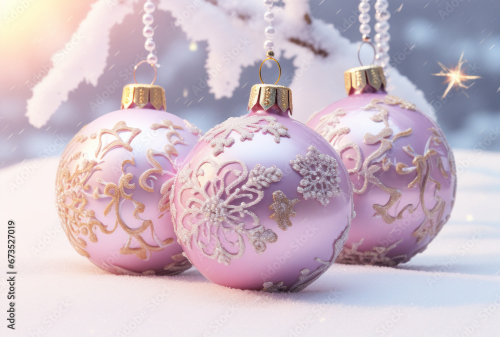 Creative composition with Christmas and New Year decorations in pastel shades of pink, purple, blue and white. Christmas and New Year, snow, happiness. Creative composition with Christmas and New Year decorations in pastel shades of pink, purple, blue and white. Christmas and New Year, snow, happiness.