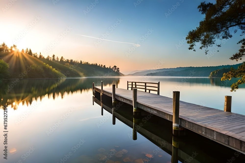 A rustic brown wooden dock stretches out into the shimmering body of water, reflecting the golden hues of the setting sun - AI Generative