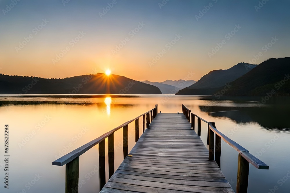 A rustic brown wooden dock stretches out into the shimmering body of water, reflecting the golden hues of the setting sun - AI Generative